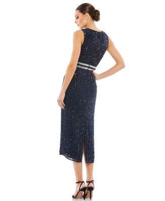 Women's Sleeveless High Neck Beaded Midi Sheath Dress