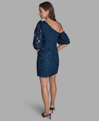 Women's Lace One-Shoulder Textured Puff Sleeve Mini Dress