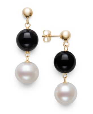 Freshwater Pearl (7.5-8.5mm), Black Onyx and Gold Bead Earrings in 10k Yellow Gold