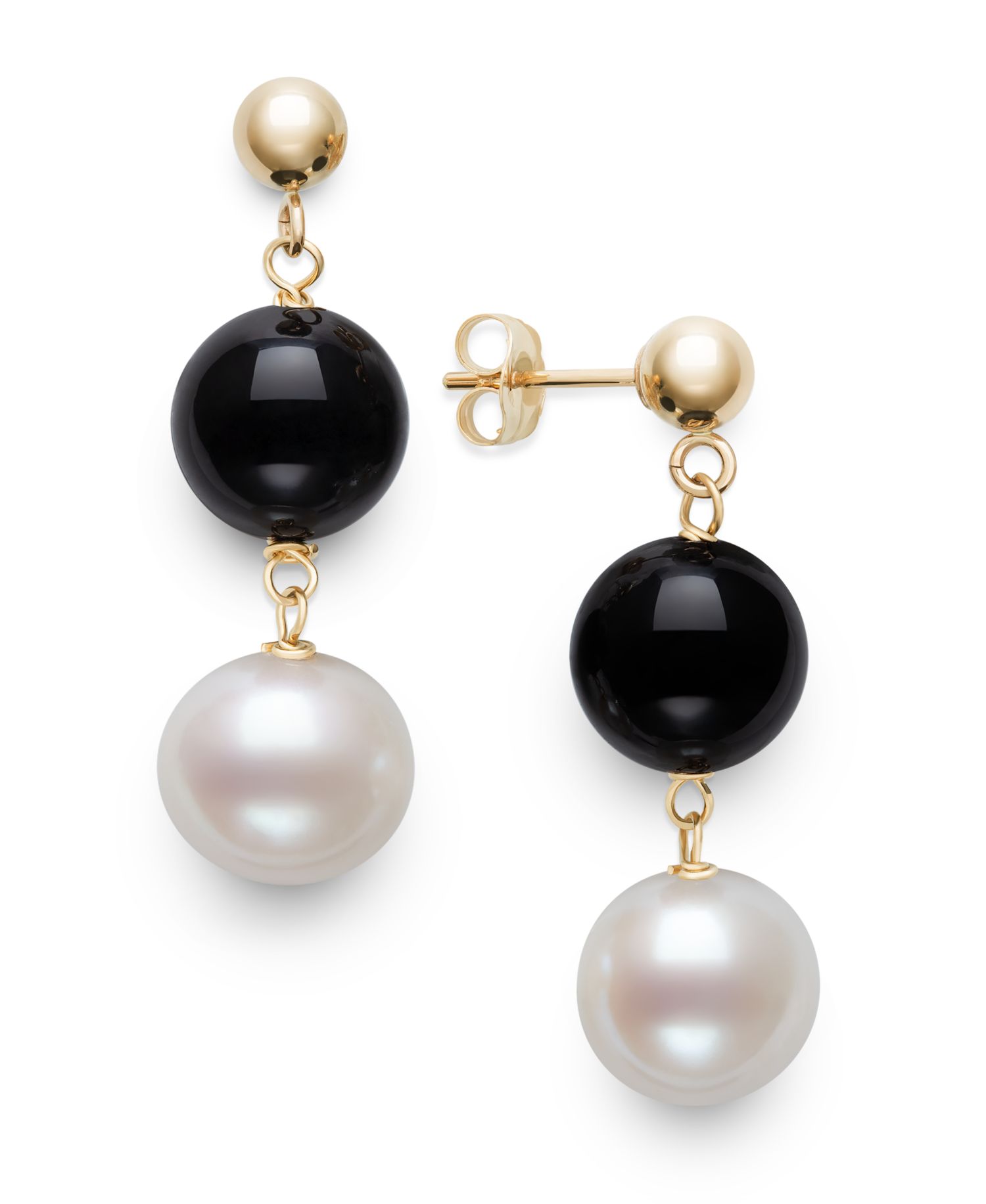 Freshwater Pearl (7.5-8.5mm), Black Onyx and Gold Bead Earrings in 10k Yellow Gold