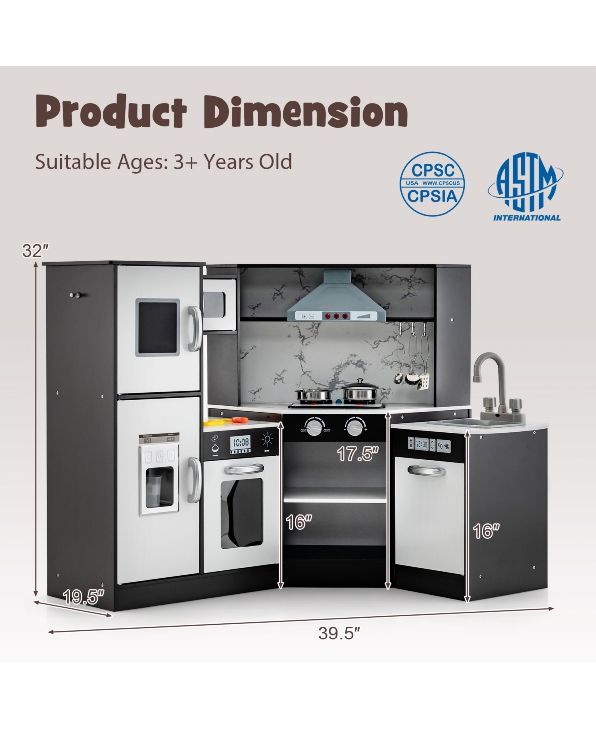 Skonyon Kids Corner Pretend Kitchen Playset with Separated Washing Basin