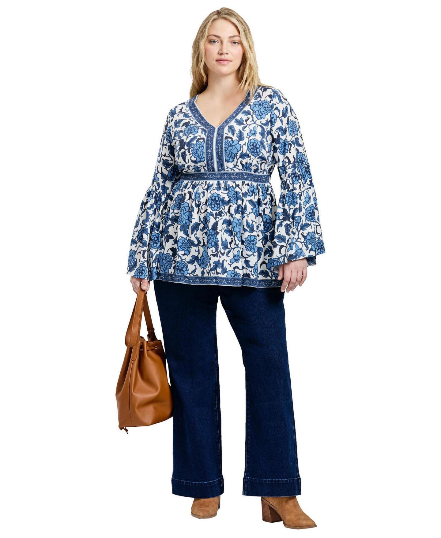 Женский топ Avenue Plus Size Arlo Bell Sleeve Tunic Top, цвет: Синий — фото 1