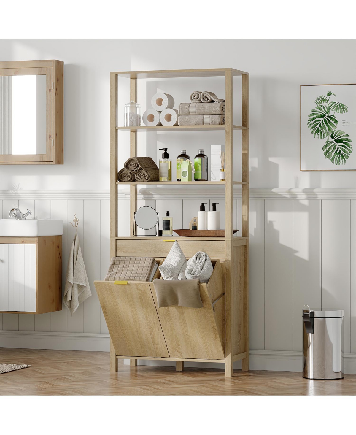 Bathroom Cabinet with Flip Storage and 3-Shelves and Drawer