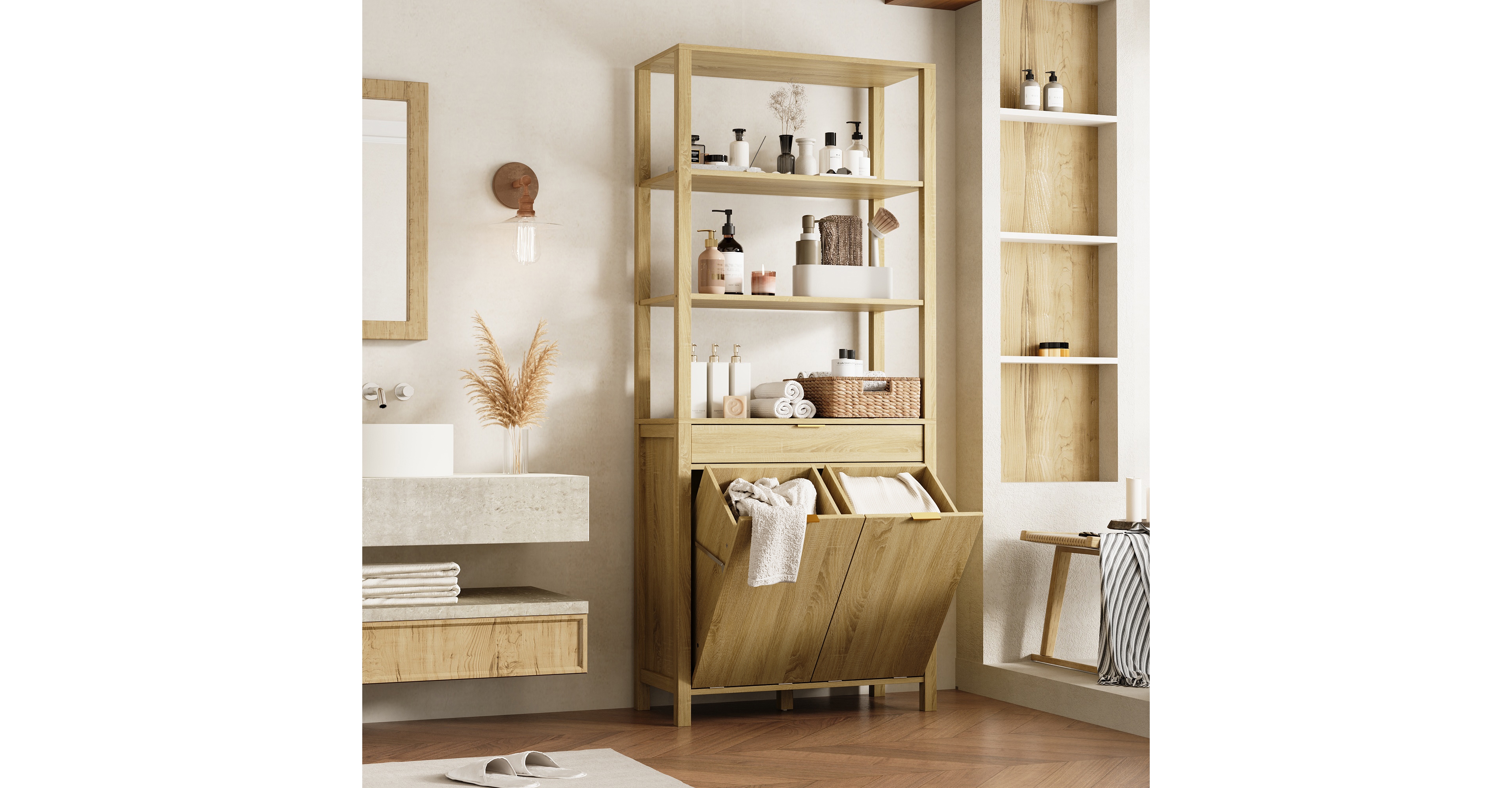 Bathroom Cabinet with Flip Storage and 3-Shelves and Drawer