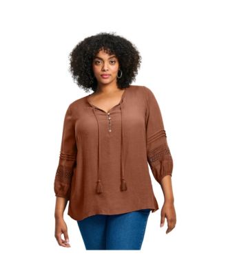 Women's Plus Size Pintuck Lace Peasant Top