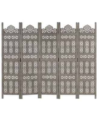 Hand Carved 5-Panel Room Divider with Solid Mango Wood Frame and Foldable Panels for Privacy and Decorative