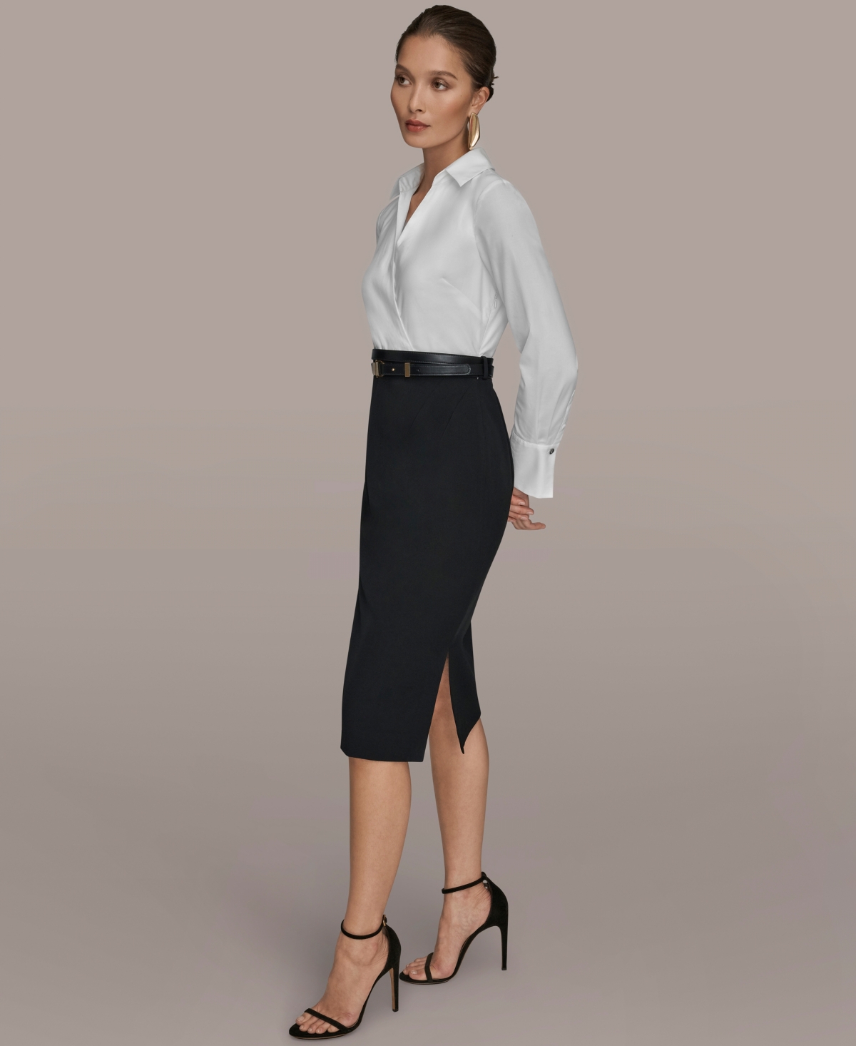 Donna Karan Women's V-neck Belted Contrast Wrap Sheath Midi Dress In Black