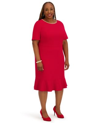 Women's Round Neck Knee Length Ruffle Skirt Dress, Regular and Plus Size