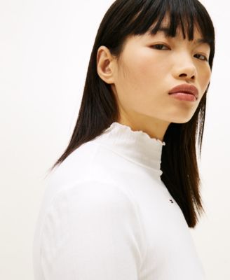 Women's Slim Ribbed Lettuce Edge Mock Neck Top