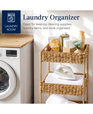 3-Tier Water Hyacinth Rolling Utility Cart w/ Weaved Baskets