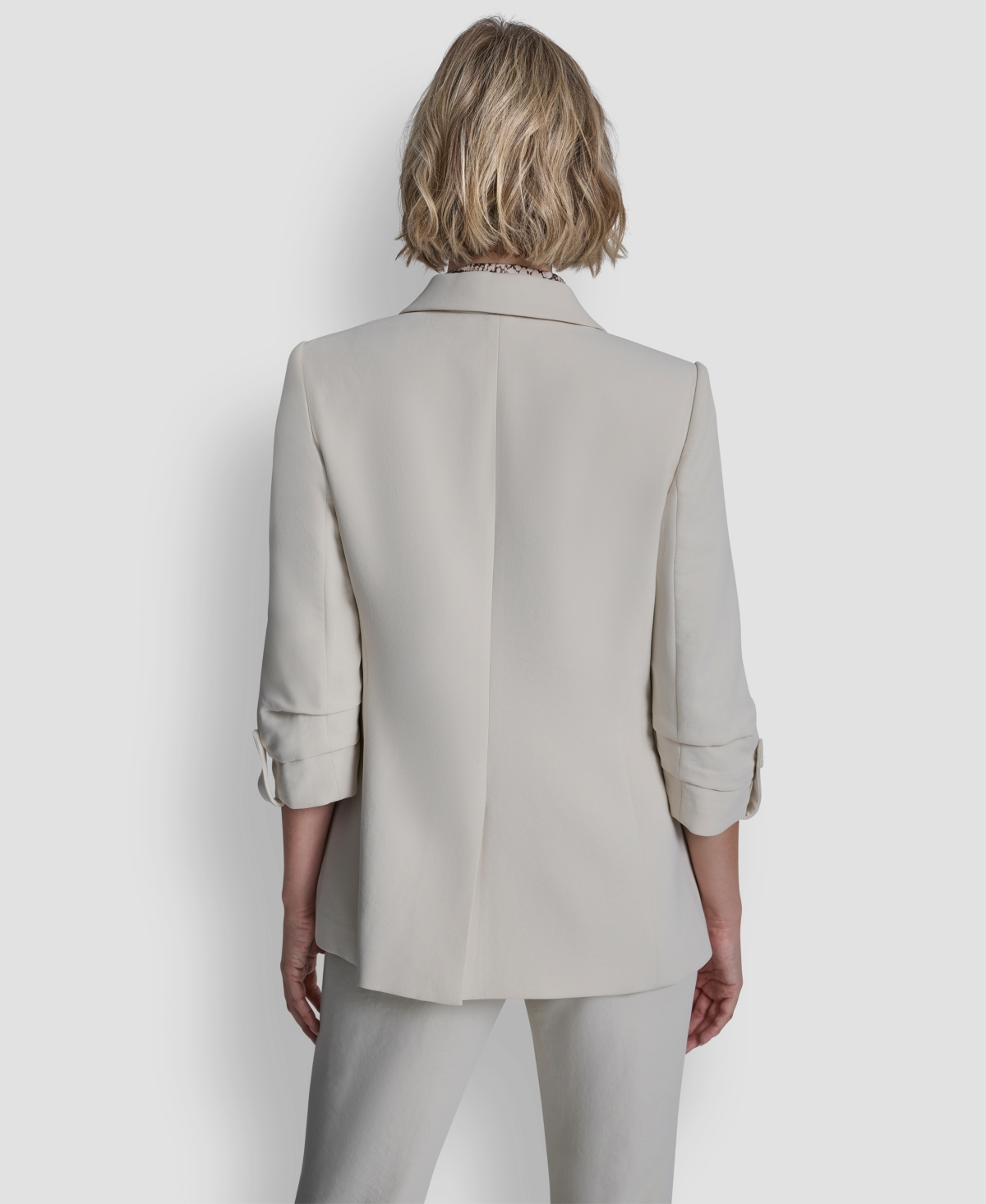 Dkny Womens Notch Collar Ruched Sleeve Jacket Charm Detailed Ankle Length Pants Collared Button Up Blouse In Brown