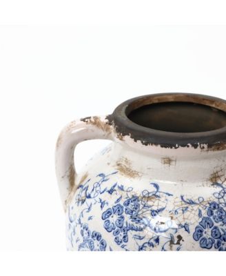 Vintage Blue Floral Vase with Handles, Decorative Ceramic Jar for Farmhouse Decor
