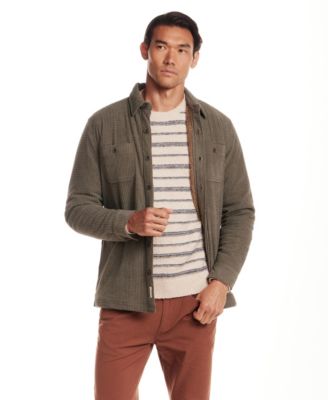 Men's Grid Collared Shirt Jacket, Fuzzy Striped Crewneck Sweater, and Straight-Fit Stretch Ribstop Pants