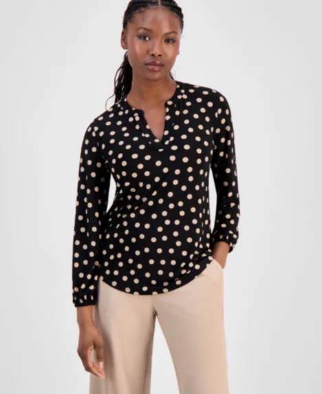 AK Anne Klein Petite Split-Neck Elastic-Cuff Top - Anne Black/Latte