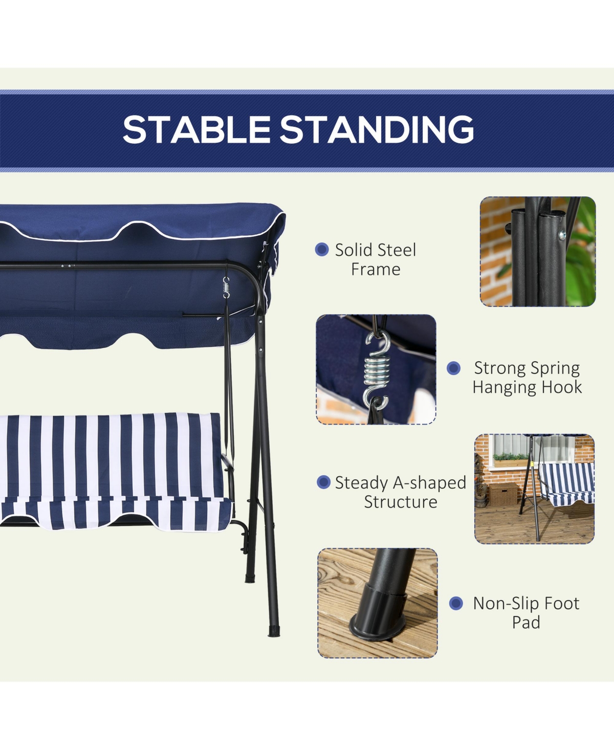 Outsunny 3-Seat Outdoor Patio Swing Chair w/ Tilt Canopy Cushion Dark