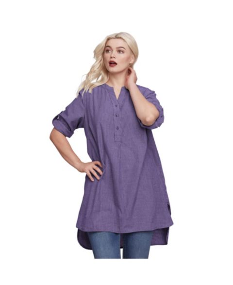 Женские топы ellos Plus Size Three-Quarter Sleeve Roll Tab Relaxed Fit 100% Cotton Henley Tunic Tops, цвет: Фиолетовый полосатый