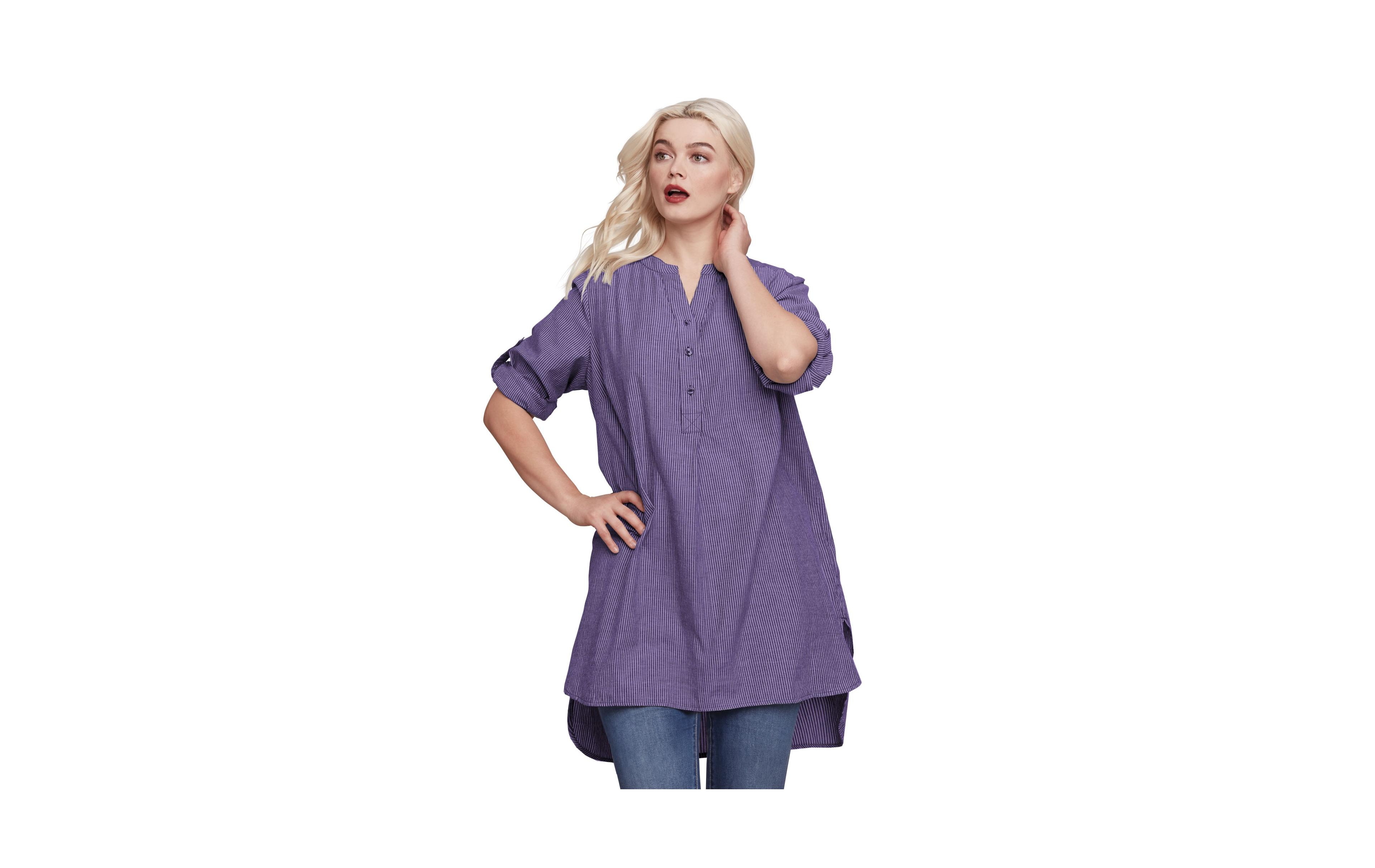ellos Plus Three-Quarter Sleeve Roll Tab Relaxed Fit 100% Cotton Henley Tunic Tops