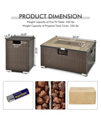 32 x 20 Inch Propane Rattan Fire Pit Table Set with Side Table Tank and Cover