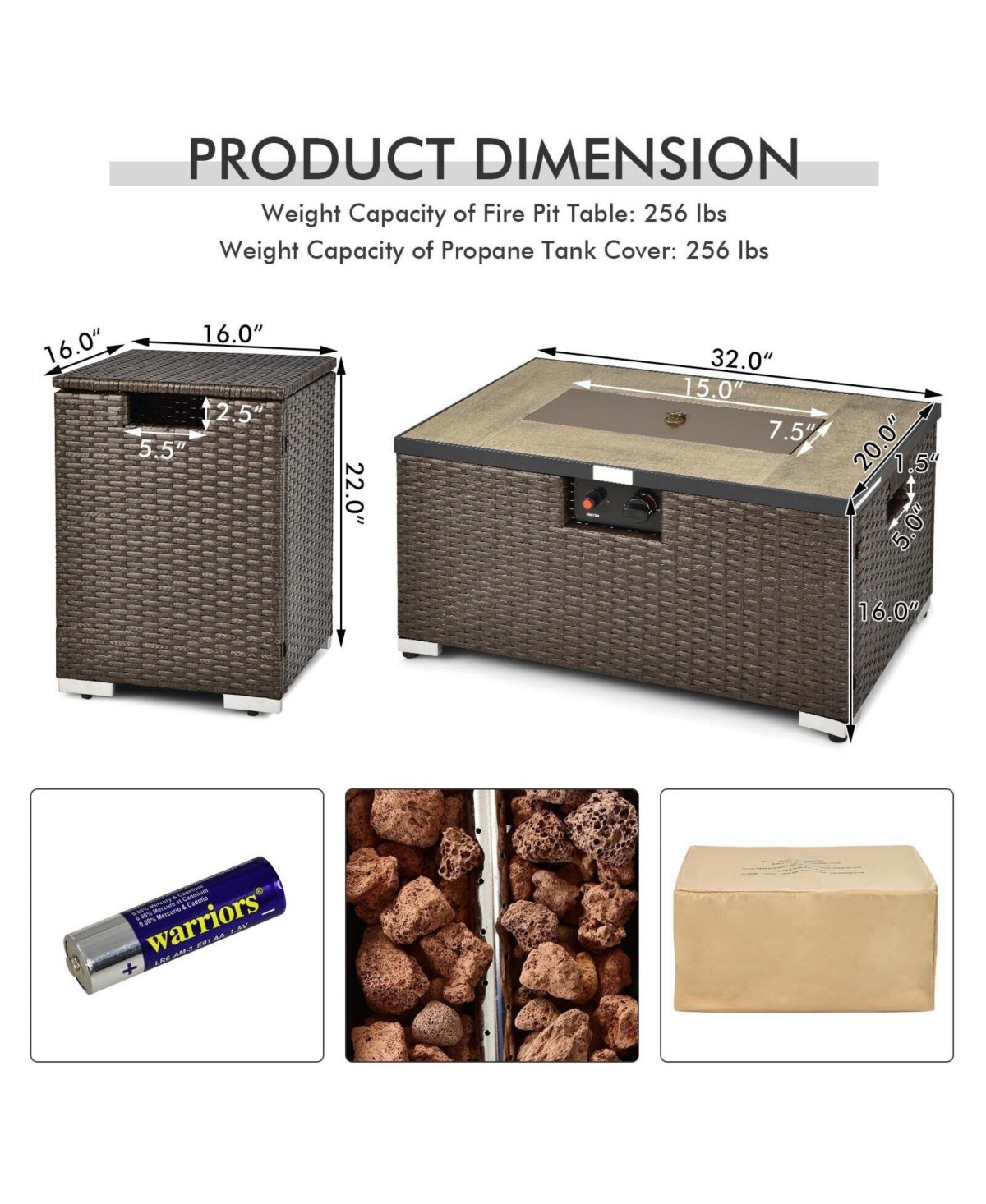 Sugift 32 x 20 Inch Propane Rattan Fire Pit Table Set with Side Table Tank and Cover