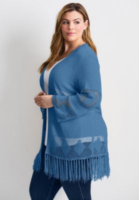 Women's Plus Size Pointelle Fringe Cardigan