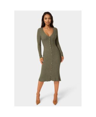 Womens Button Front V-Neck Sweater Midi Dress