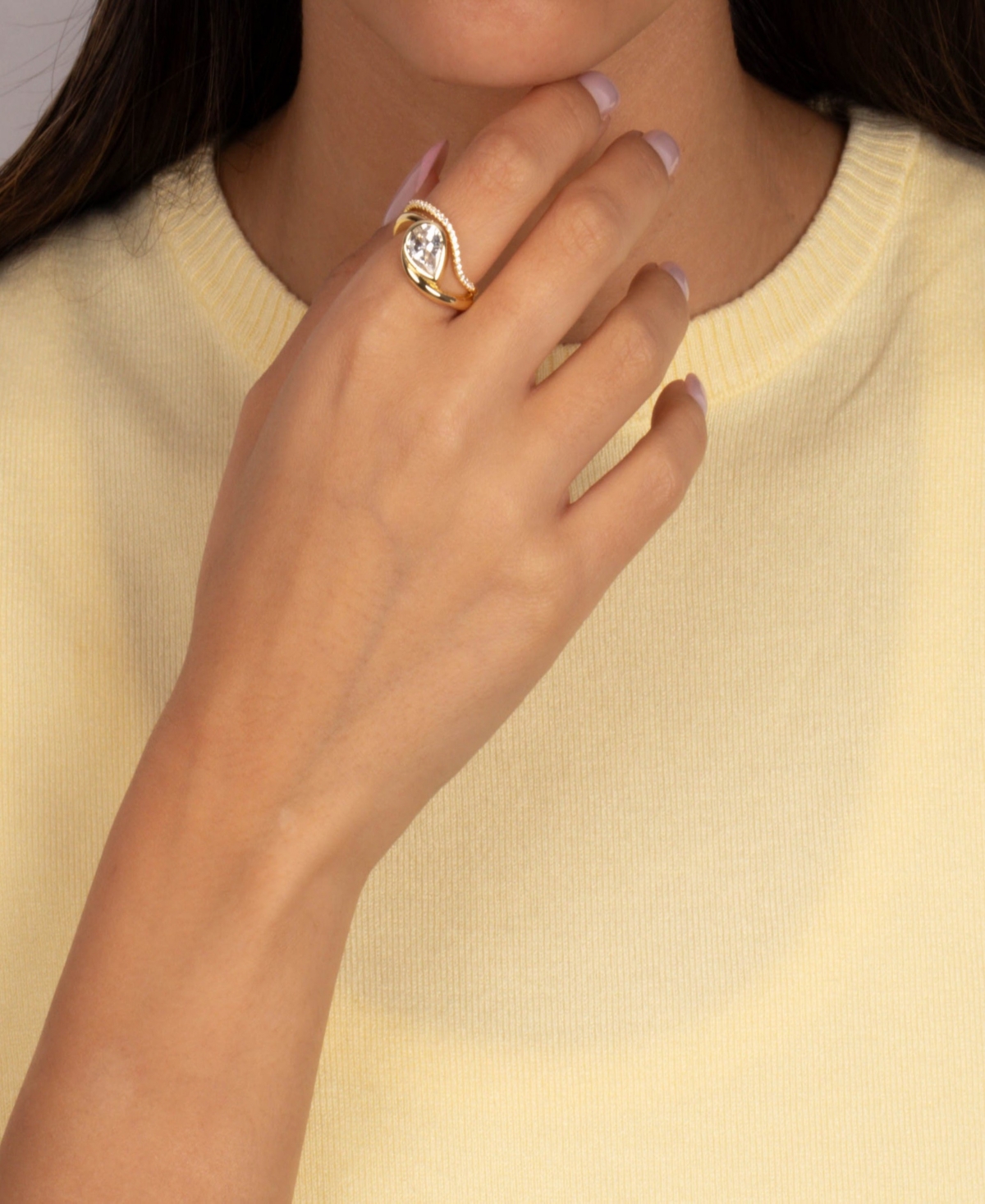 by Adina Eden Cubic Zirconia Gold Plated Sideway Pear Enclosed Ring