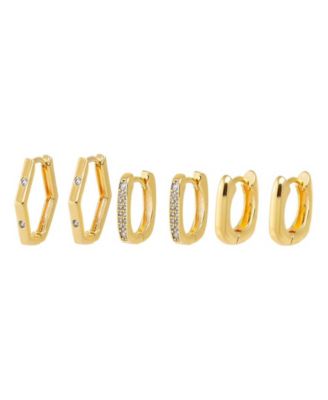 Solid, Pave Square Octagon Gold Plated Earring Combo Set