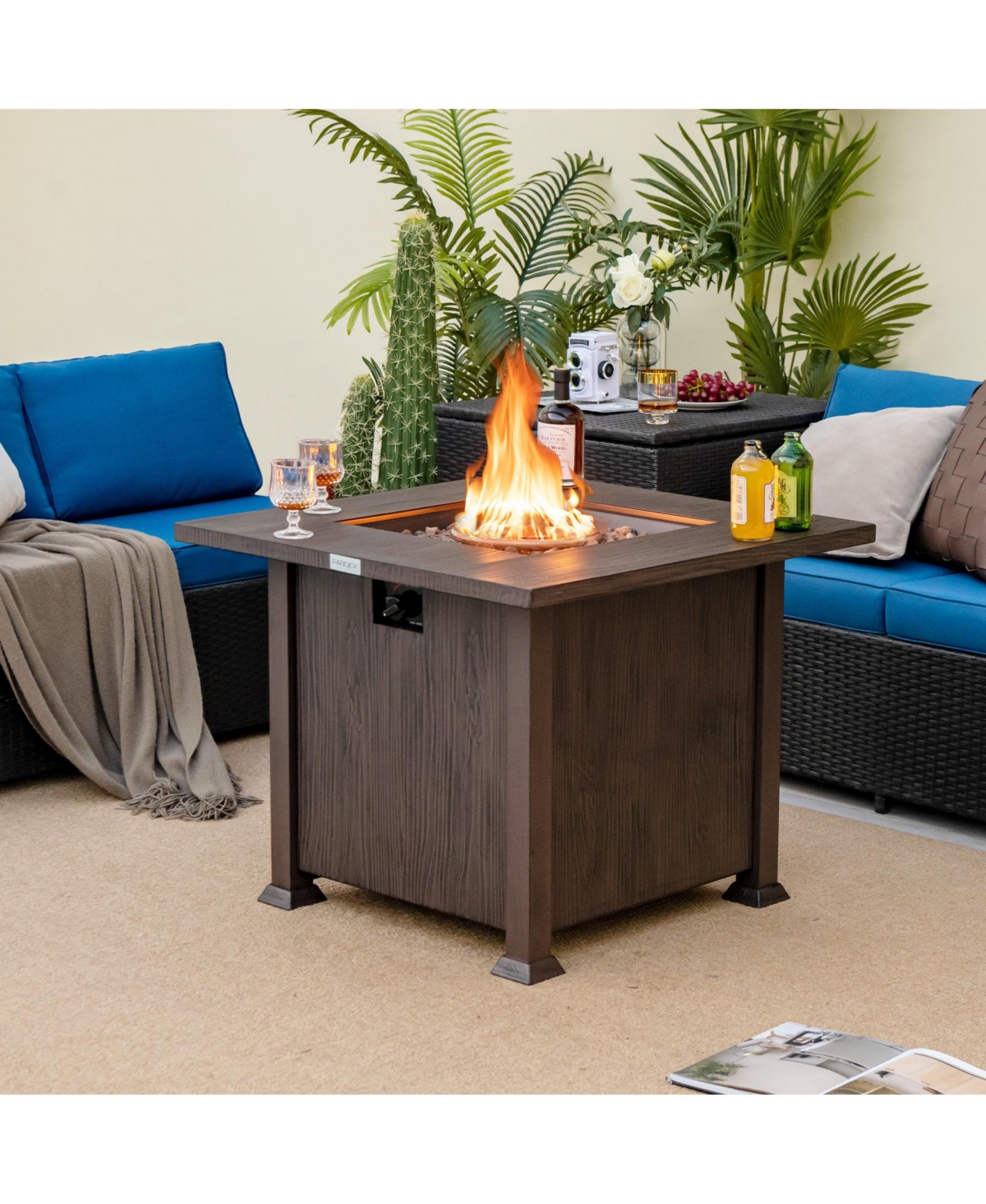 Mecale 32 Inch 50,000 Btu Square Fire Pit Table with Lid and Lava Rocks