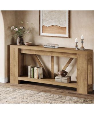 70.9-Inch Extra Long Console Table, 2-Tier Farmhouse Sofa Table Behind Couch, Large Engineered Wood Entry Console, Brown