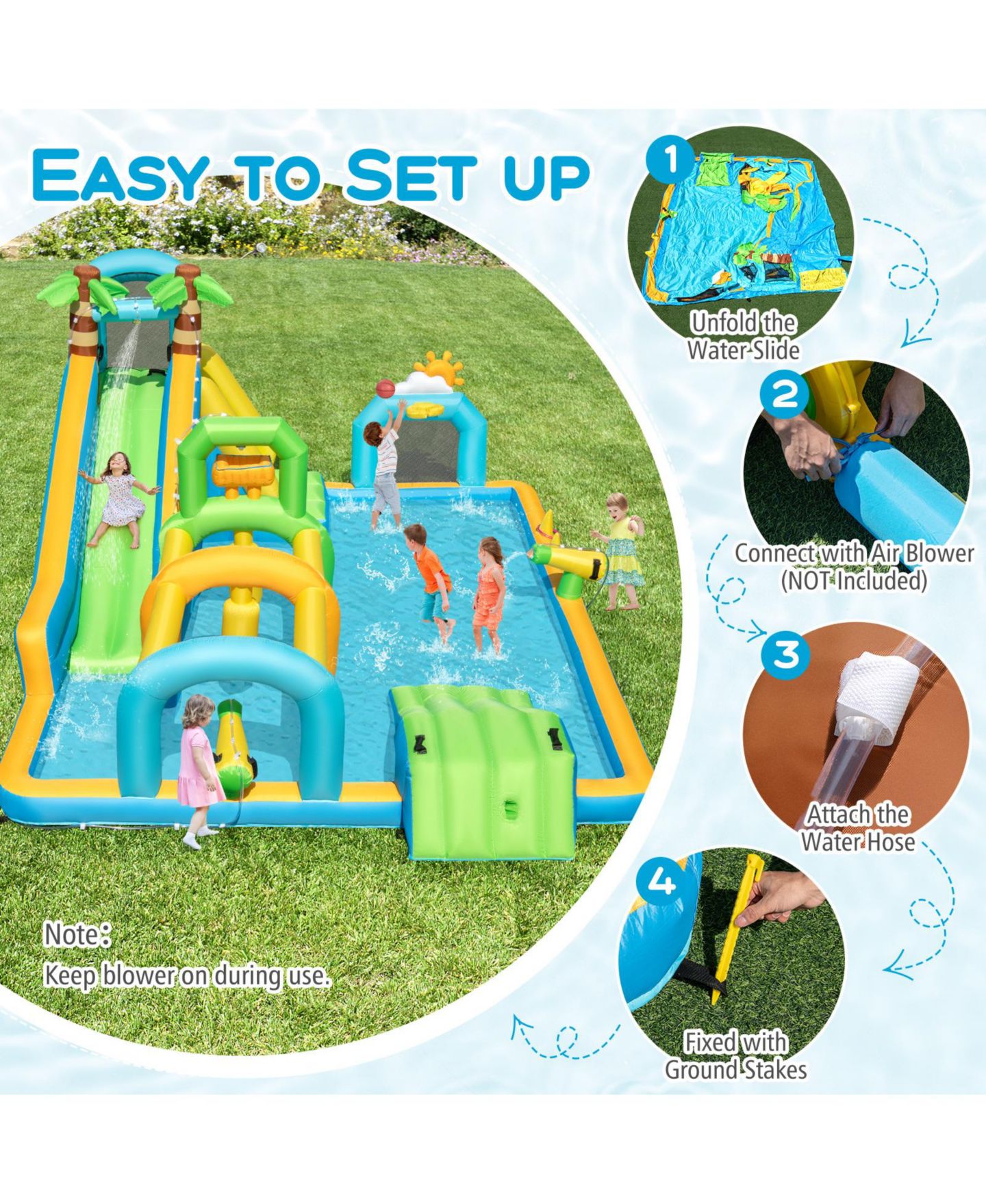 Детская игрушка SKONYON Tropical Dual Slide Aqua Park Inflatable Water Slide, Accommodates Up to 5 Children, Ages 3-12, цвет: Синий — фото 6