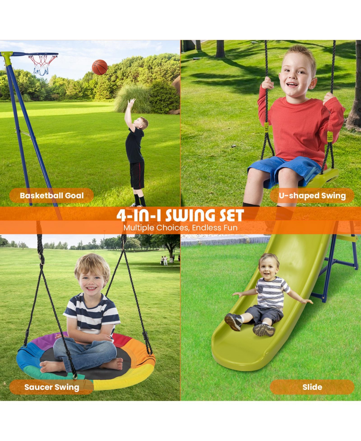 Skonyon 4-in-1 Heavy-Duty Metal Playset with Slide and Basketball Hoop