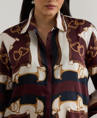 Plus Size Equestrian-Print Twill Long-Sleeve Shirt