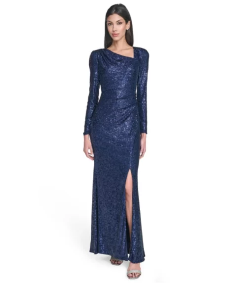 Petite Social Sequin Asymmetrical Neck Dress - Navy