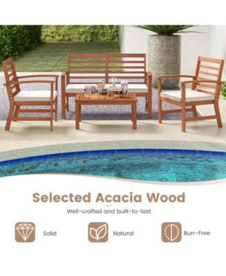 4PCS Outdoor Furniture Set w/ Soft Seat Cushions Stable Acacia Wood Frame