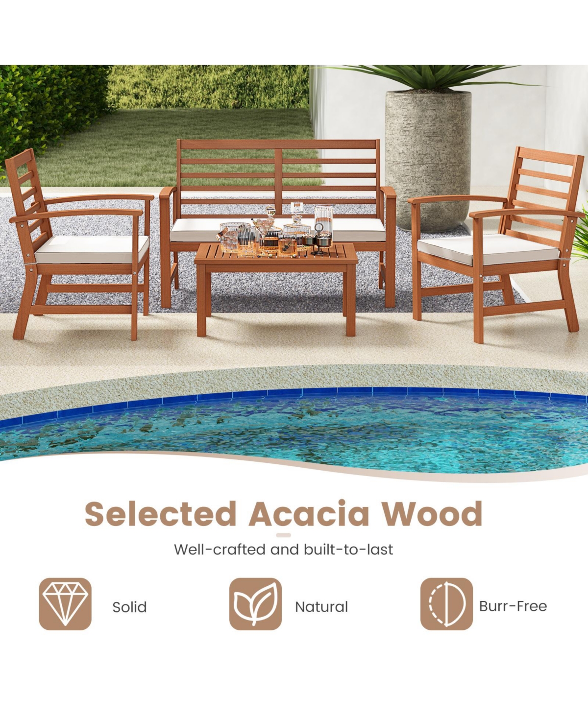 Gymax 4PCS Outdoor Furniture Set w/ Soft Seat Cushions Stable Acacia Wood Frame