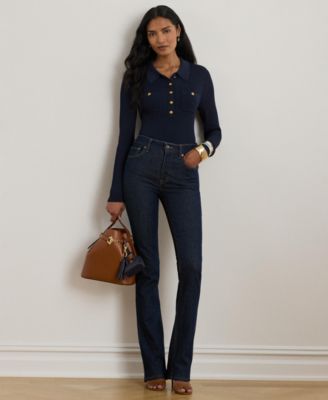 Women's Rib-Knit Long-Sleeve Polo Sweater