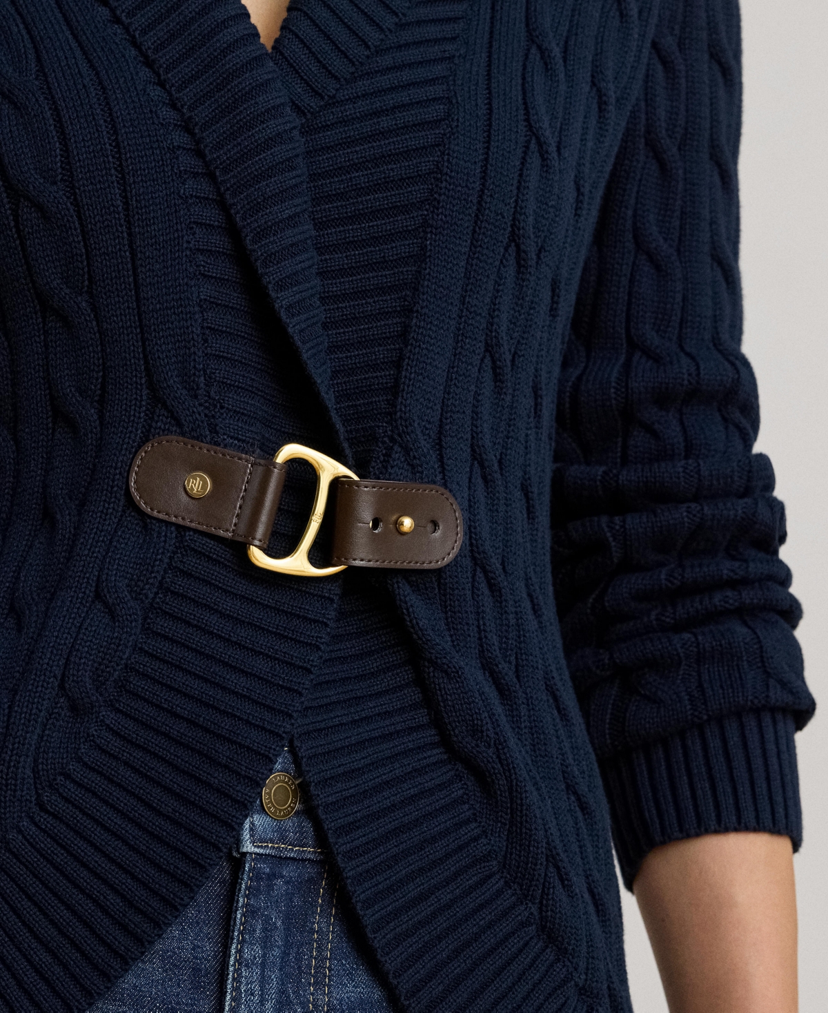 Ralph Lauren Lauren  Buckle Cable Stitch Cotton Cardigan In Multi