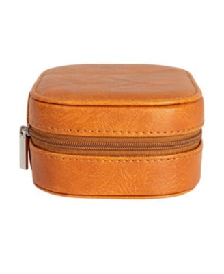 Small Leather Travel Jewelry Organizer Box, Caramel Color