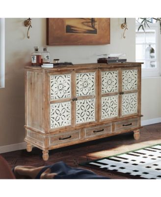 59" Chic Natural Wood Accent Storage Cabinet with 4 Doord 3 drawers