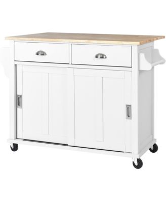 Rubber Wood Kitchen Cart with Drop Leaf, Sliding Barn Door and 2 Drawers