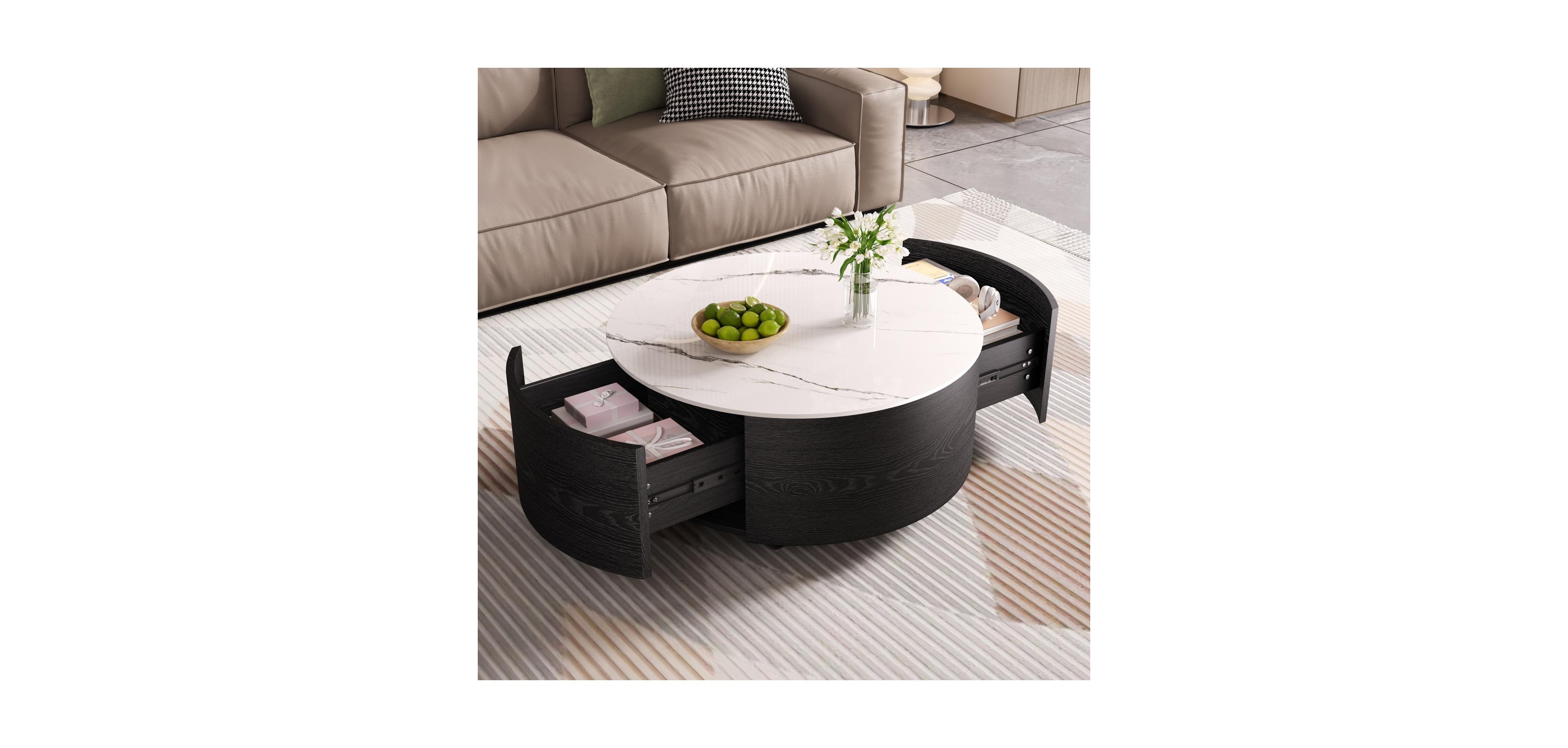 Streamdale Furniture Streamdale Modern Round Coffee Table with Casters & 2 Drawers Marble Top