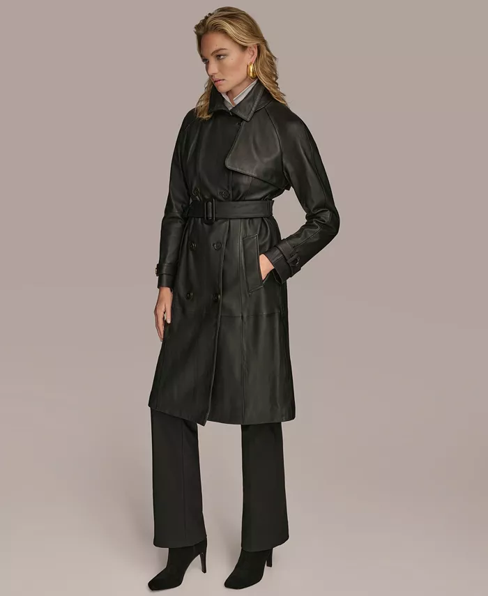 Women's Belted Leather Trench Coat - thumbnail 4