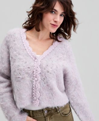 Women's Fuzzy Rhinestone-Embellished Cardigan, Macy's Exclusive