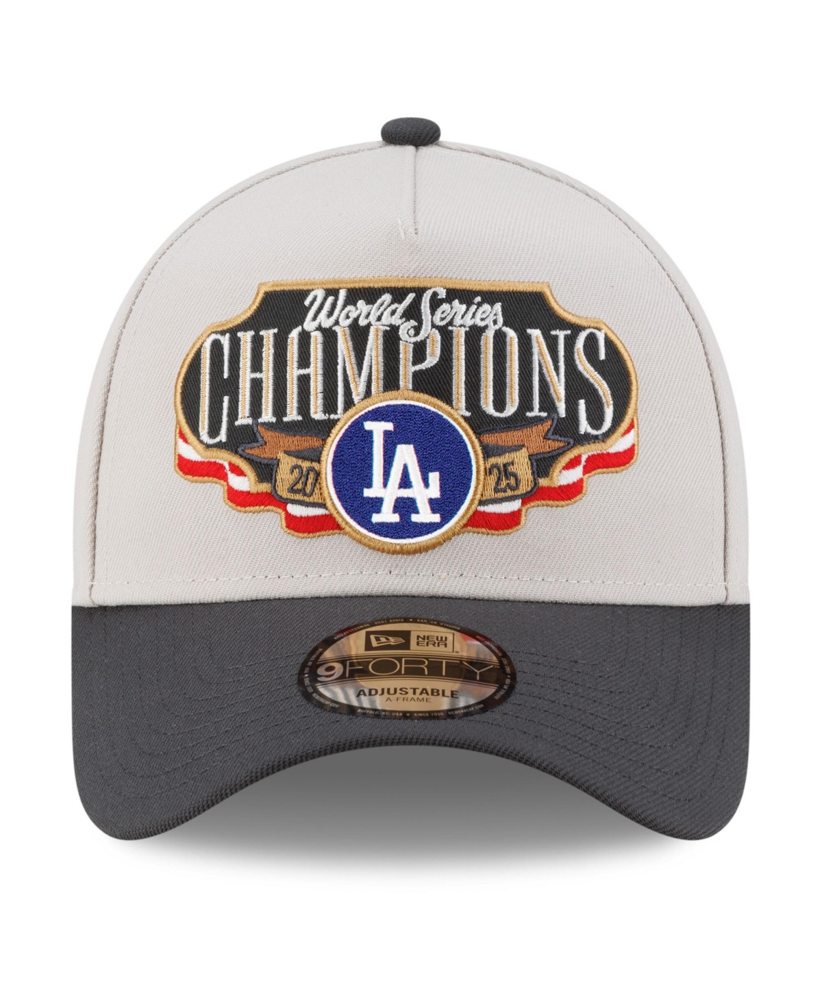 New Era Men's Cream/Charcoal Los Angeles Dodgers 2025 World Series Champions Locker Room A-Frame 9FORTY Adjustable Hat