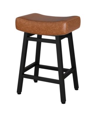 24 Inches Bar Stools Set of 2, Saddle Kitchen Stools with PU Leather Cushion Counter Height Barstools for Kitchen Dining Cafe