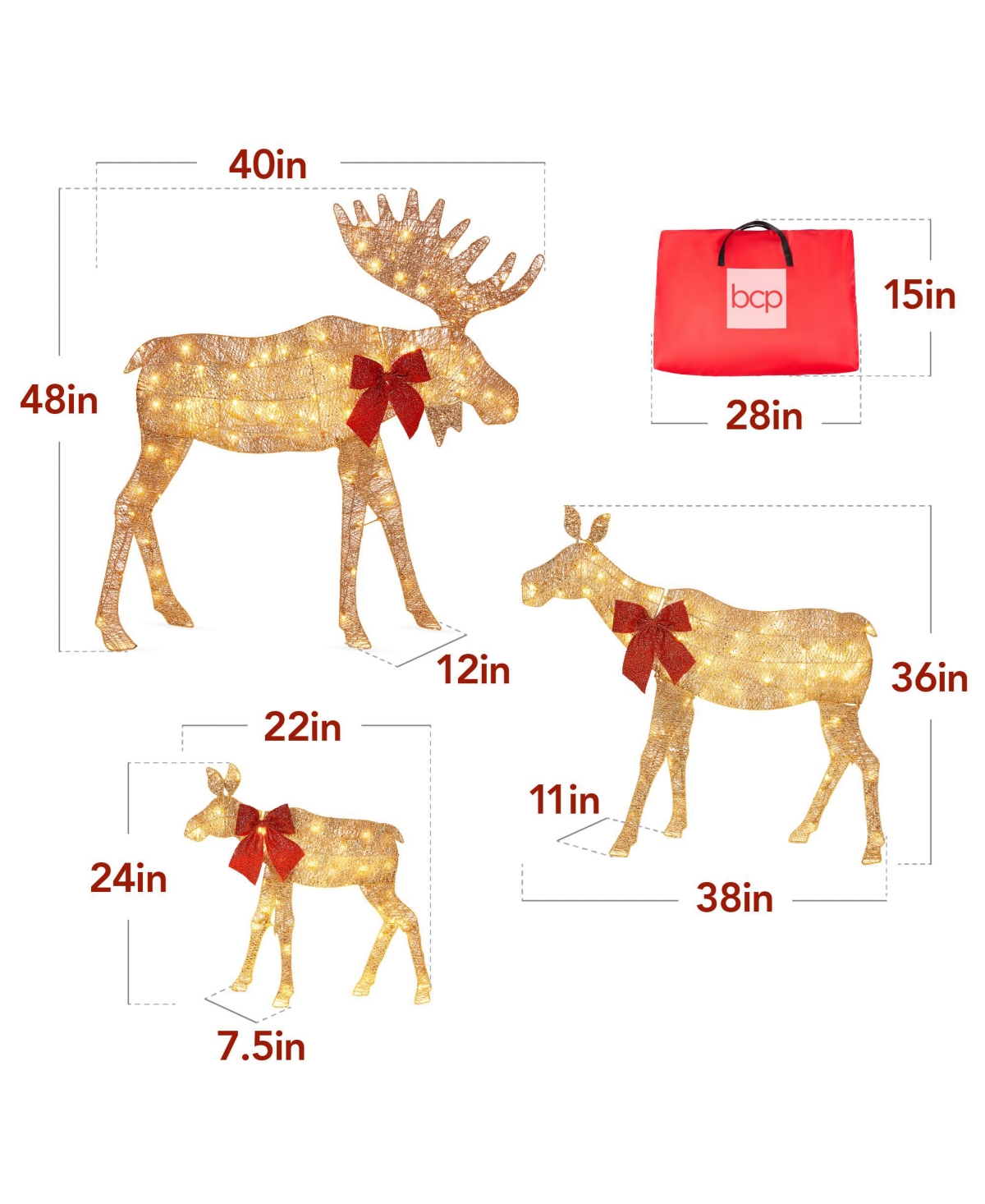 Best Choice Products 4ft 3-Piece Lighted 2D Christmas Moose Set Outdoor Decor w/ 195 Led Lights, Stakes