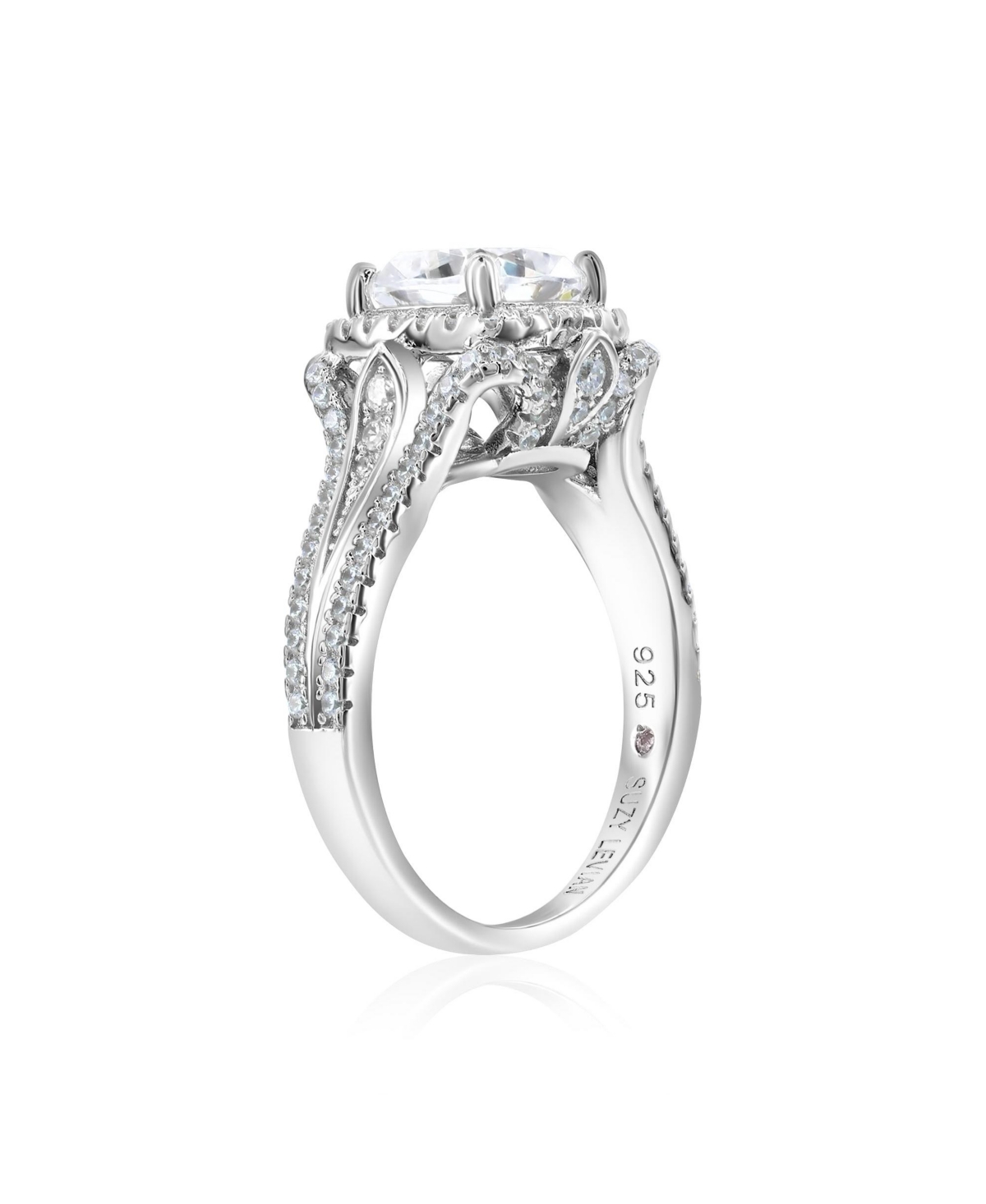 Suzy Levian Sterling Silver Cubic Zirconia Cushion Cut Center Stone Lotus Ring