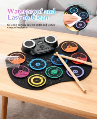 Colorful Roll-Up Electronic Drum Set with Flashing Lights, Dual Speakers & Headphone Jack for Kids