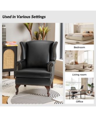 Helmuth Genuine Leather Wingback Armchair with Solid Wood Legs