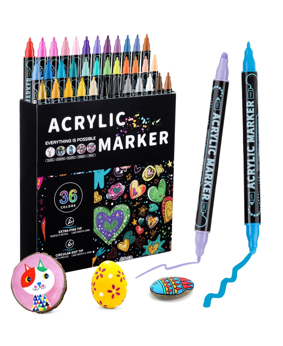 Htutwoo Acrylic Paint Markers, 36 Colors Dual Tip Paint Markers, Multi-Purpose Paint Pen for Rock Painting, Glass and Diy Crafts Making Art Supplies